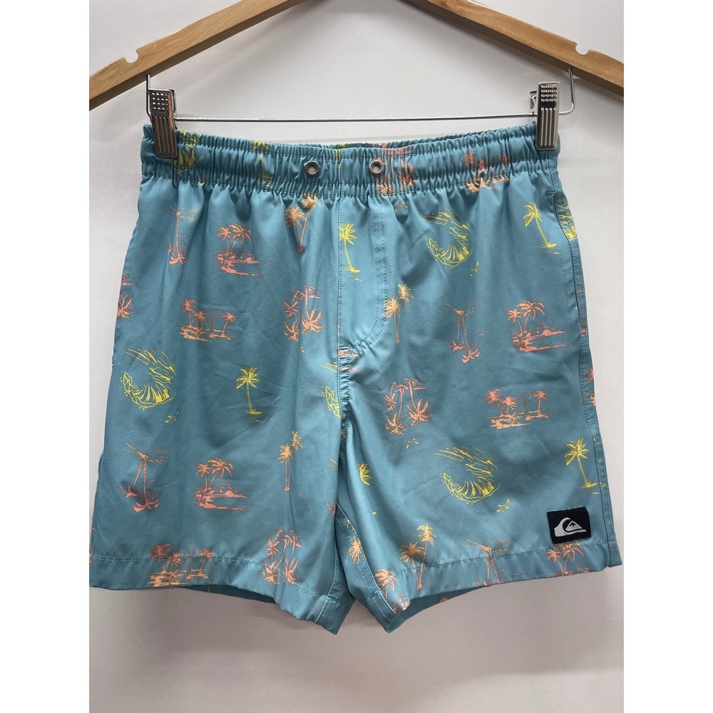 Quiksilver Boys Teal Tropical Palm Tree Swim Trunks Board Shorts Size M 10/12